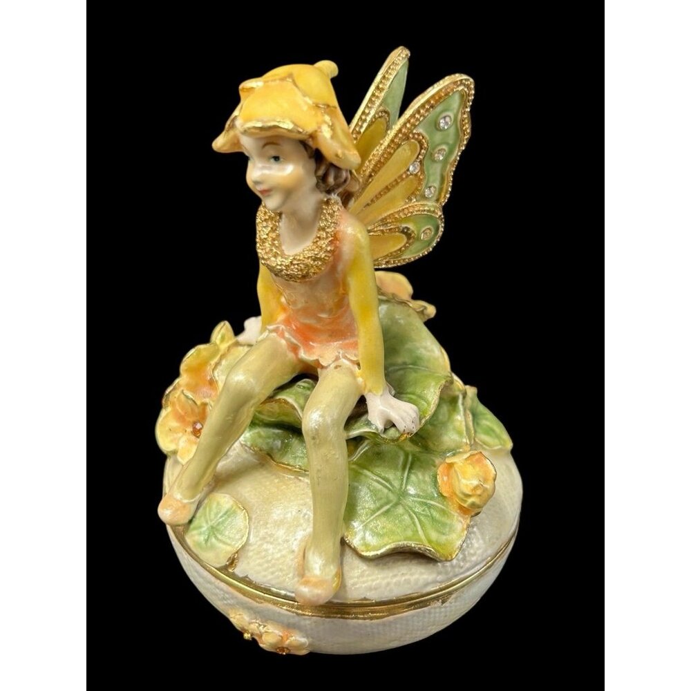 Vintage Kings Point Painted Enamel Fairy Trinket Box Crystals Lily Pad Floral
